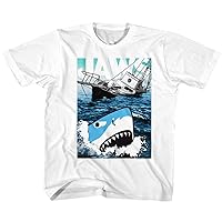 Jaws 70s Classic Horror Movie Cartoon Shark & Capsized Boat Image Toddler Short Sleeve T-Shirt Graphic Tee