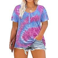 RITERA Plus Size Tops for Women Button Summer Casual Shirts Oversized Crewneck Tunic Short Sleeve Blue and Purple Tie Dye Tunic Basic Tshirts Loose Fit Henley Shirts Ladies Blouse 4XL 26W 28W