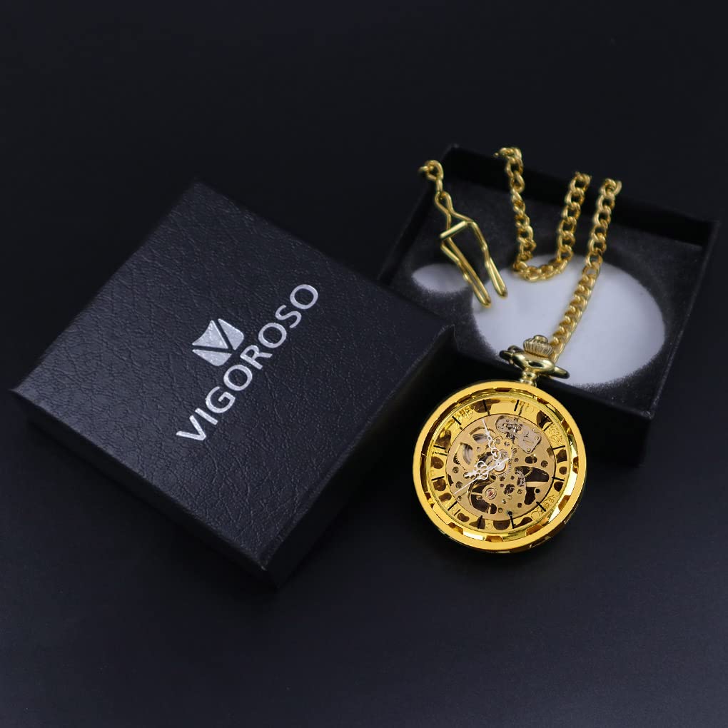 VIGOROSO Mens Pocket Watch with Chain Half Hunter Double Cover Skeleton Mechanical Watches Gold in Box+ Mens Pocket Watch with Chain Skeleton Hand Wind Mechanical Watches for Men, Gift for Husband
