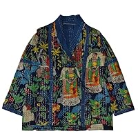 Printed V-Neck Kantha Quilted Jacket for Women, Full Sleeves Quilted Jackets, Reversible Jacket, Machine Wash, Patchwork Overcoat Winterwear Kantha Jackets, Daily & Partywear (Small, Blue)