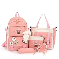 Kawaii backpack set of 5 pieces aesthetic backpack for school teenage girls' daily necessities with charm and pins, pencil case, tote bag, small bag.