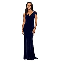 Betsy & Adam Women's Long Velvet Sleeveless One Cold Shoulder Stretch Sheath Gown