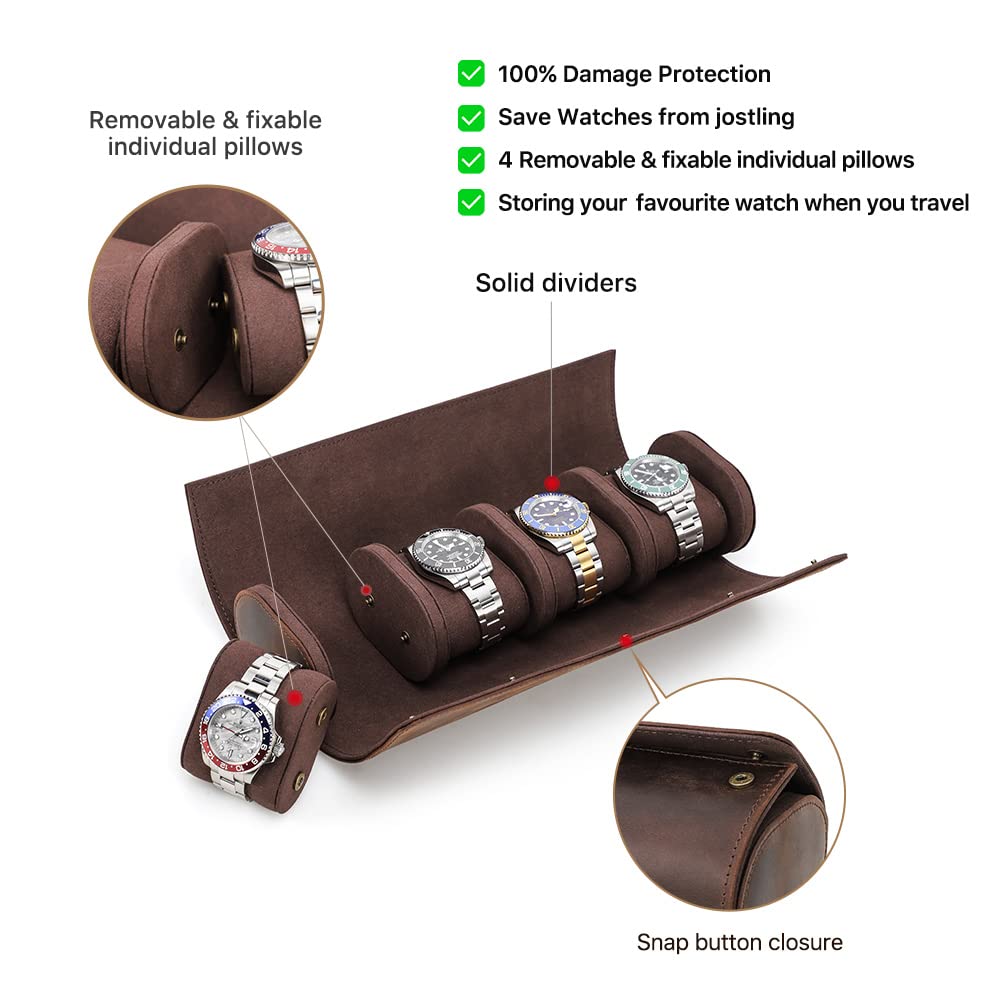 Contacts Leather Watch Roll Travel Watch Case 4 Slots Crazy Horse Leather Watch Box Organizer for Men Storage Display Protector Pouch (for 4 Pieces Watches)