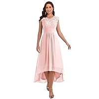 Lace Appliques Mother of The Bride Dress Chiffon?High Low Crew Neck Wedding Guest Dresses with Pockets