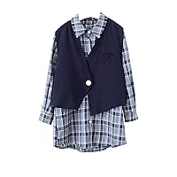 Girls Button-Down Checkered Printed Long Shirt Top Dress + Waistcoat
