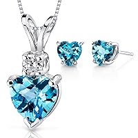 PEORA 14K White Gold Swiss Blue Topaz Pendant and matching Earrings - Heart Shaped Swiss Blue Topaz Diamond Pendant 1 Carat + Heart Shaped Swiss Blue Topaz Stud Earrings 1.75 Carats