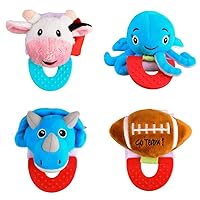Pack of 4, Cow, Octopus, Dinosaur, and Football Combo Teether for Babies, 0-2.5yrs, Easy to Hold, Soft, Natural Organic Freezer Safe Teethers, Silicone BPA Free Baby Teething Toys