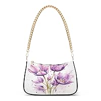 Shoulder Bags for Women Purple Tulip Flowers on White Hobo Tote Handbag Small Clutch Purse with Zipper Closure