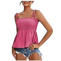 Cool Stuff Under 5 Dollars Spaghetti Strap Tank Tops Women Sexy Casual Camisole Smocked Ruffle Hem Cami Shirt Summer Going Out Top Blouses Crew Neck Shirts Basic