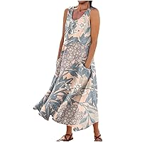 Womens Sleeveless Dresses Sleeveless Maxi Spring Sundress Women Nice Business Loose Fitting Ruched Thin Stretch Floral Tunic Woman Pink Medium