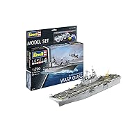 Revell Model Set 65178 US Navy Assault Carrier WASP Class 1:700 Scale Unbuilt/Unpainted Plastic Model Kit with Contacta Professional Glue, Paintbrush & Selected Aqua Color Paints