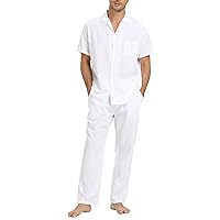 RPOVIG Linen Shirt Pants Outfits:Men's Linen Sets 2 Piece Short Sleeve Shirts Yoga Pants Beach Wedding Suits