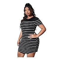 Women Plus Size Summer Dresses 2022 Striped Curved Hem Bodycon Dress (Color : Black and White, Size : Large)