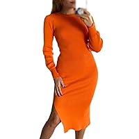 Black Women's Side Slit Knitted Dress Autumn and Winter Bodycon Dress Long Sleeve Ribbed Knitted Skirt