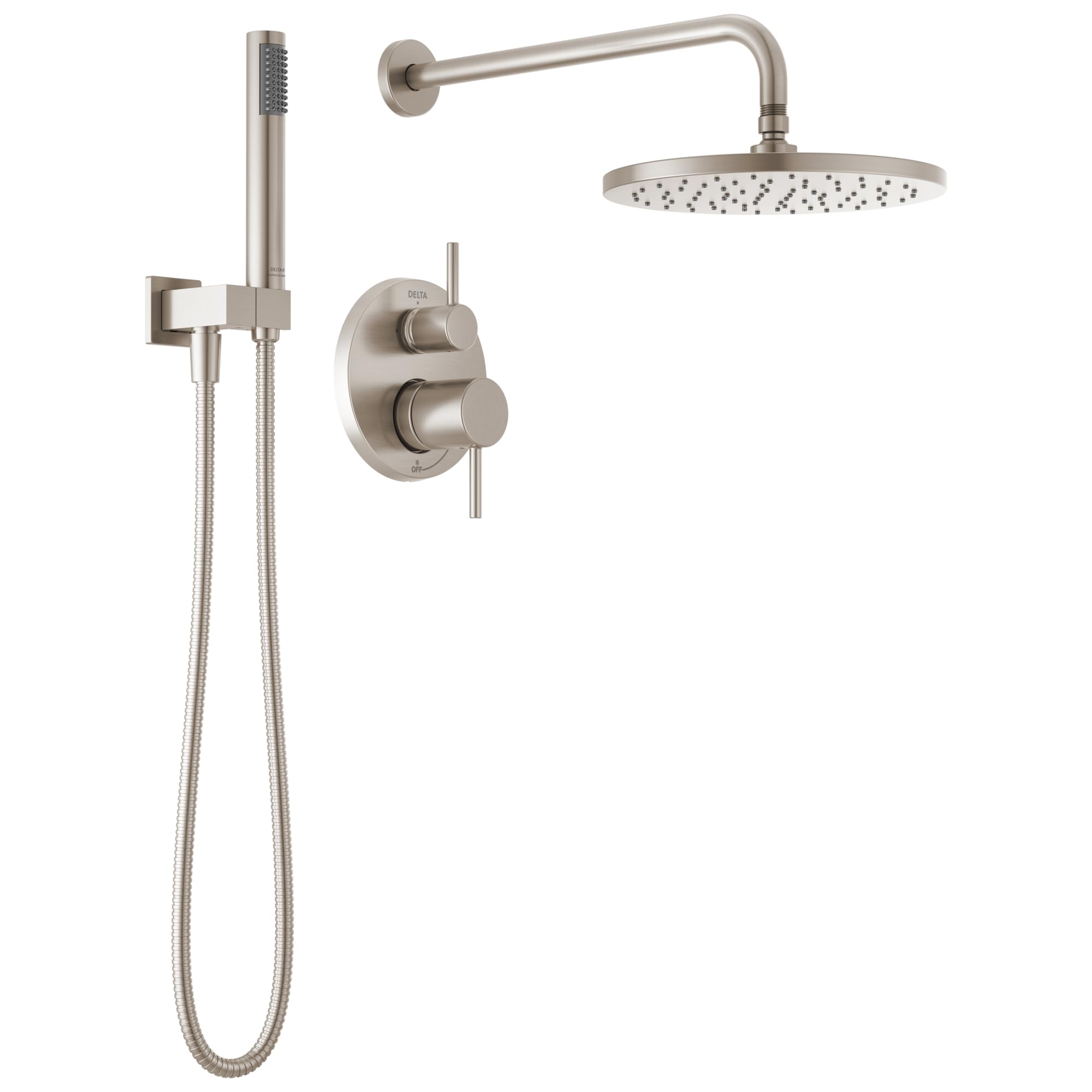 Delta Faucet Modern Raincan 2-Setting Round Shower System Including Rain Shower Head and Handheld Spray Brushed Nickel, Rainfall Shower System Brushed Nickel, Spotshield Stainless 342702-SP
