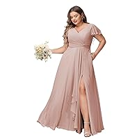 YOFF Flutter Sleeves Long Bridesmaid Dress with Pockets Ruched Chiffon Long A-Line Formal Party Dresses with Slit YO063