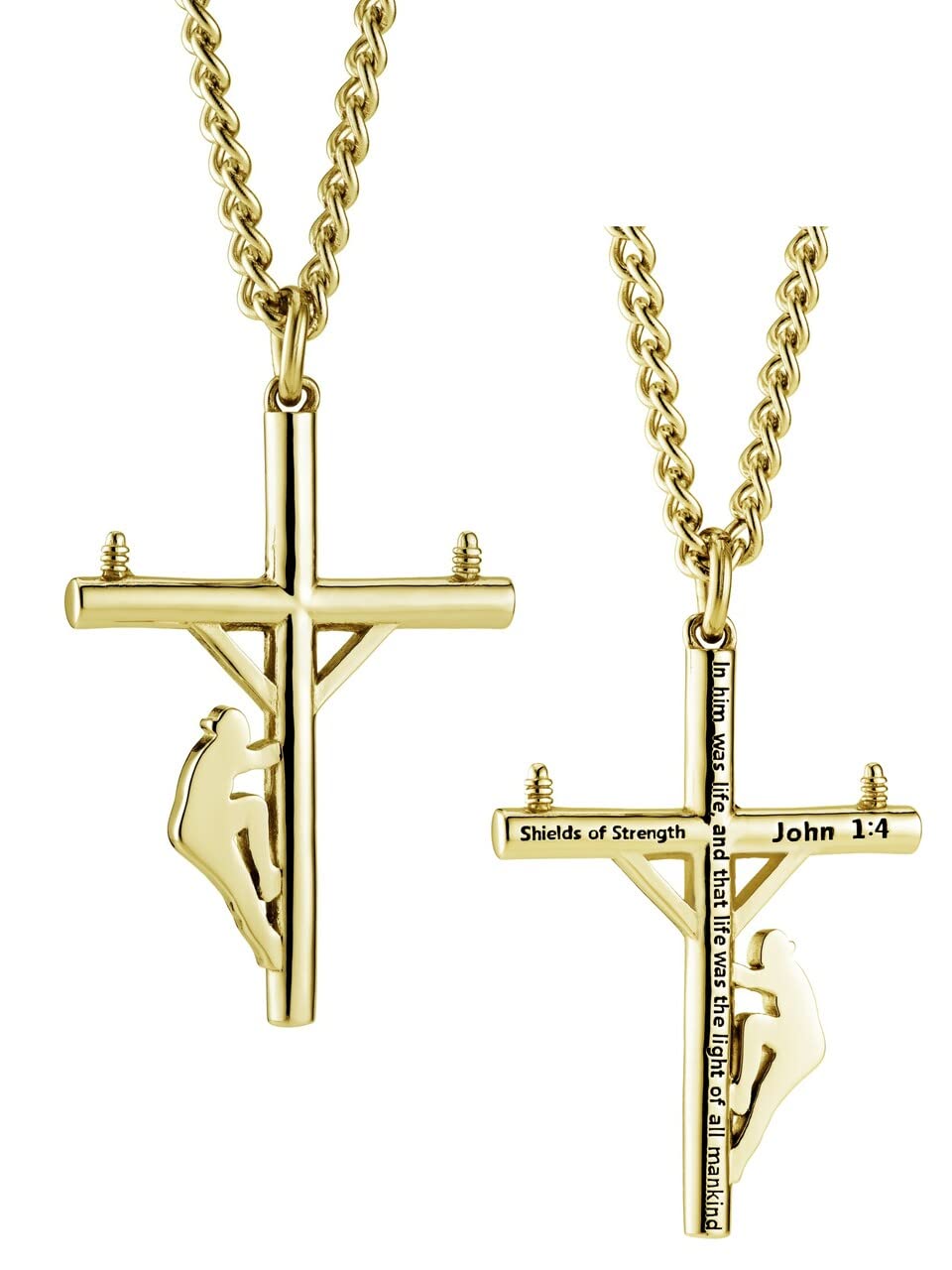 Shields of Strength Men's 14K Gold Plated and Stainless Steel Lineman Cross Pendant Necklace John 1:4 Bible Verse Christian Jewelry Gifts Faith Gift