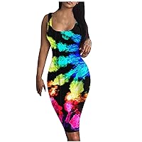 Women's Flower Print Sexy Bodycon Tank Dress Summer Square Neck Sleeveless Fashion Midi Dresses for Cocktail Party