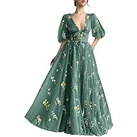 UZN Puffy Sleeves Prom Dresses for Women 2023 Long Tulle Flower Embroidery V Neck Formal Evening Party Gowns