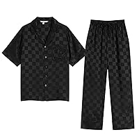 Mens' Silk Satin Pajama Set Button-Down Classic Nightwear Set Short Sleeve with Shorts Loungewear Set for Men