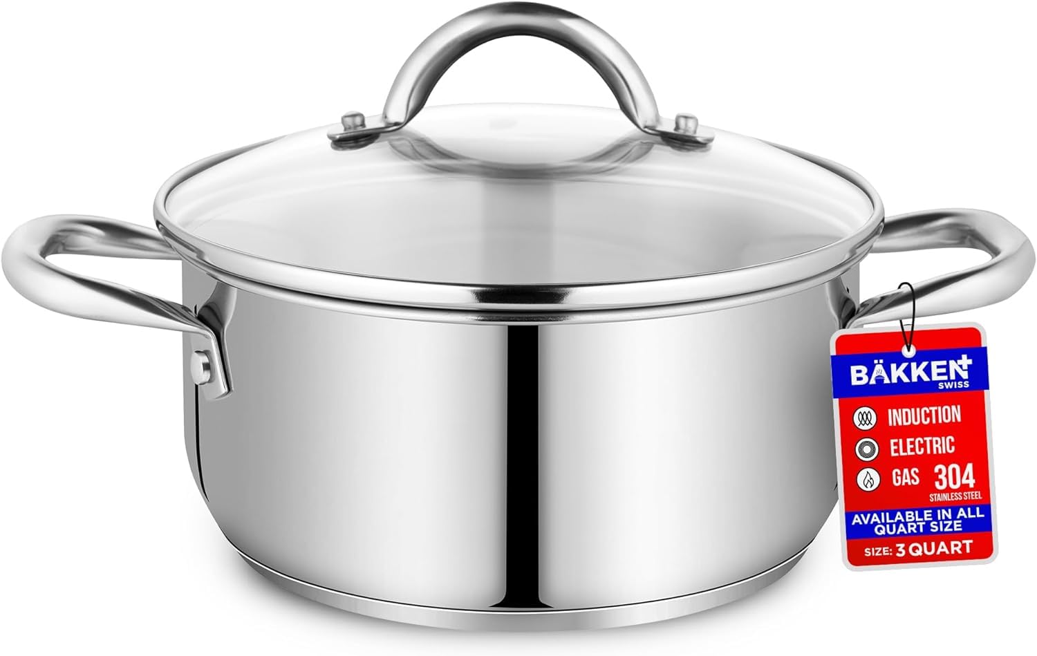 Bakken-Swiss Deluxe 3-Quart Stainless Steel Stockpot w/Tempered Glass See-Through Lid - Simmering Delicious Soups Stews & Induction Cooking - Exceptional Heat Distribution - Heavy-Duty & Food-Grade