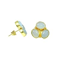 Aqua Chalcedony Oval Cabochon Studs Gold Plated Brass Handmade Stud Earrings Jewelry For Her