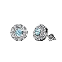 Aquamarine & Natural Diamond Double Halo Stud Earrings 0.81 ctw 14K White Gold