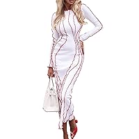 Women's Y2k Graphic Print High Slit Long Dress Retro Crew Neck Long Sleeve Maxi Dress Casual Beach Dress Streetwear