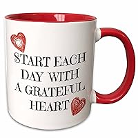3dRose Start Each Day with A Grateful, Pictures of Hearts Mug, 11 ounce, Red