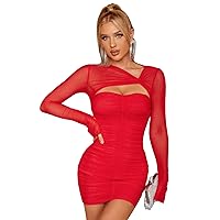 HTZMO Women's Long Sleeve Cut Out Mini Dress Sheer Mesh Ruched Bodycon Sexy Party Dresses