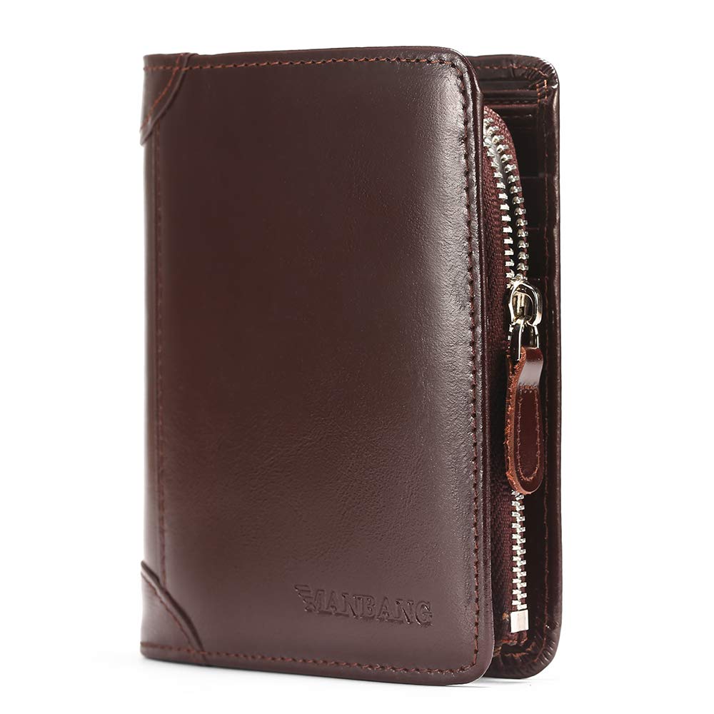 Mens Wallet Zipper Genuine Leather RFID Card Holders Cowhide Zip Coin Pocket Bifold wallets for men Brown(anti-theft brush)
