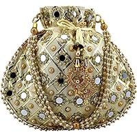 Indian Mirror Work Beige Potli Bag with Pearls Handle Purse Party Wear Ethnic Clutch for Women