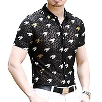 Gold White Geometric Print Shirt Men Transparent Shirt Summer Short Sleeve Slim Camisas