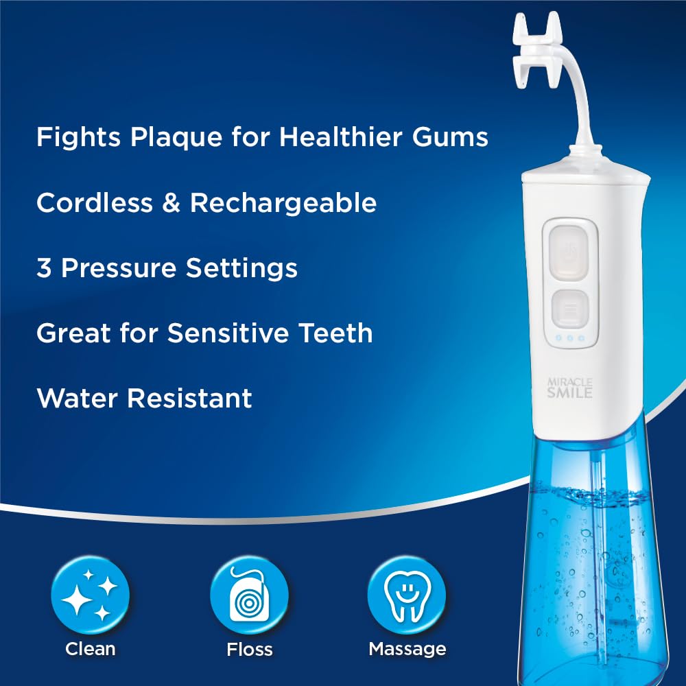 Ontel Miracle Smile Water Flosser for Teeth & Gum Health, Unique H-Shaped Flossing Head & 4 Water Jets, Cordless Water Pick Features 360° Cleaning & 3 Pressure Modes, USB Rechargeable Dental Floss