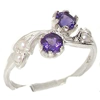 925 Sterling Silver Natural Amethyst and Cultured Pearl Womens Band Ring - Sizes 4 to 12 Available