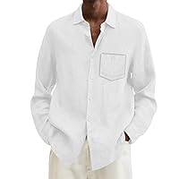 Men's Trendy Long Sleeve Cotton Linen Shirts Chest Pocket Solid Loose Fit Lapel Button Down Dress Shirts Tops Plus Size