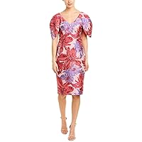 Floral Jacquard Sheath Dress, Knee Length, Short Sleeve, V-Neck, Pink Multi, Size 8
