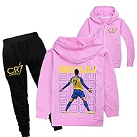 ENDOH CR7 Novelty Hooded Outfit Full Zip Lightweight Tracksuit,Kids Ronaldo Jacket and Jogger Pants 2Pcs Set(5-14Y)