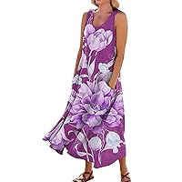 Spring Dresses for Women 2024 Printed Flowy Sun Dress with Pocket Sleeveless Trendy Dress Swing Vacation Beach Dress