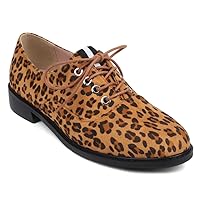 Women's Casual Flat Leopard Oxfords Shoes Lace Up Suede Round Toe Comfort Low Heel Ladies Loafers Shoe