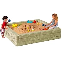 Modern Home 4ft x 4ft All Weather Stone Outdoor Sandbox Kit w/Cover - Sand Play Box w/Liner - HDPE UV-Resistant- (Beige)