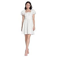 Donna Morgan Women's Square Neck Eyelet Feminine Dress with Double Short Sleeves Detail