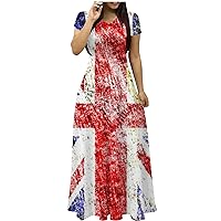 Britain Flag Print Maxi Dress Women Short Sleeve V Neck Empire Waist Long Dress Summer Casual Vintage Beach Dresses