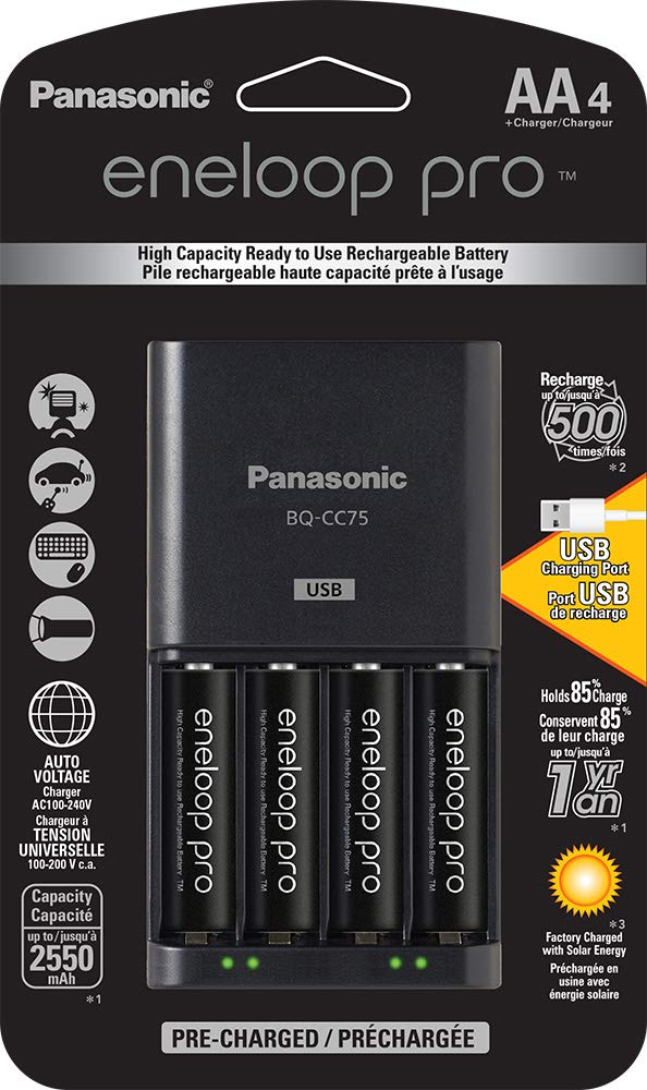 Panasonic K-KJ75KHC4BA Advanced Battery Charger with USB Charging Port and 4AA Eneloop Pro High Capacity Rechargeable Batteries,Black