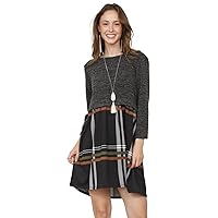 Eloges Women's Knit Contrast Stripe Checker Long Sleeve Pullover Mini Dress | EGS (Charcoal/Black Plaid, 2X)
