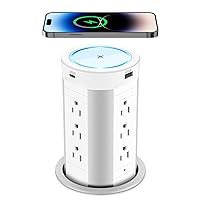 HEZI Pop Up Outlet for Countertop with 15W Wireless Charger,Max 45W Power Delivery,12AC, 2 USB-A and 2 USB-C, 15A Tamper Resistant, 4 inch Hole Desk Power Grommet, 17-in-1 Island Pop Out for Kitchen