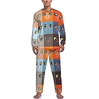 Funny Cartoon Cat Face Print Pajama Set Top and Pants Mens' Nightgown Lounge Sleepwear