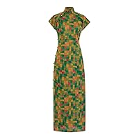 Women Qipao Mulberry Silk Plaid Printed Mock Neck Short Sleeve Slim Multicoloured Evening Midi Dress 3616