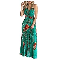 Summer Dresses for Women 2024 Deep V Neck Sexy Low Cut Casual Tropical Vacation Floral Print Halter Backless Beach Maxi Dress