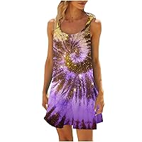 Women Floral Beach Mini Dress, 2024 Casual Short Tank Dresess Crewneck Sleeveless Beach Sundress Summer Pleated Tunic Dress